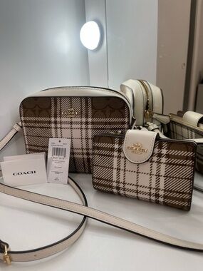 Coach Plaid Camera Crossbody Bag And Wallet